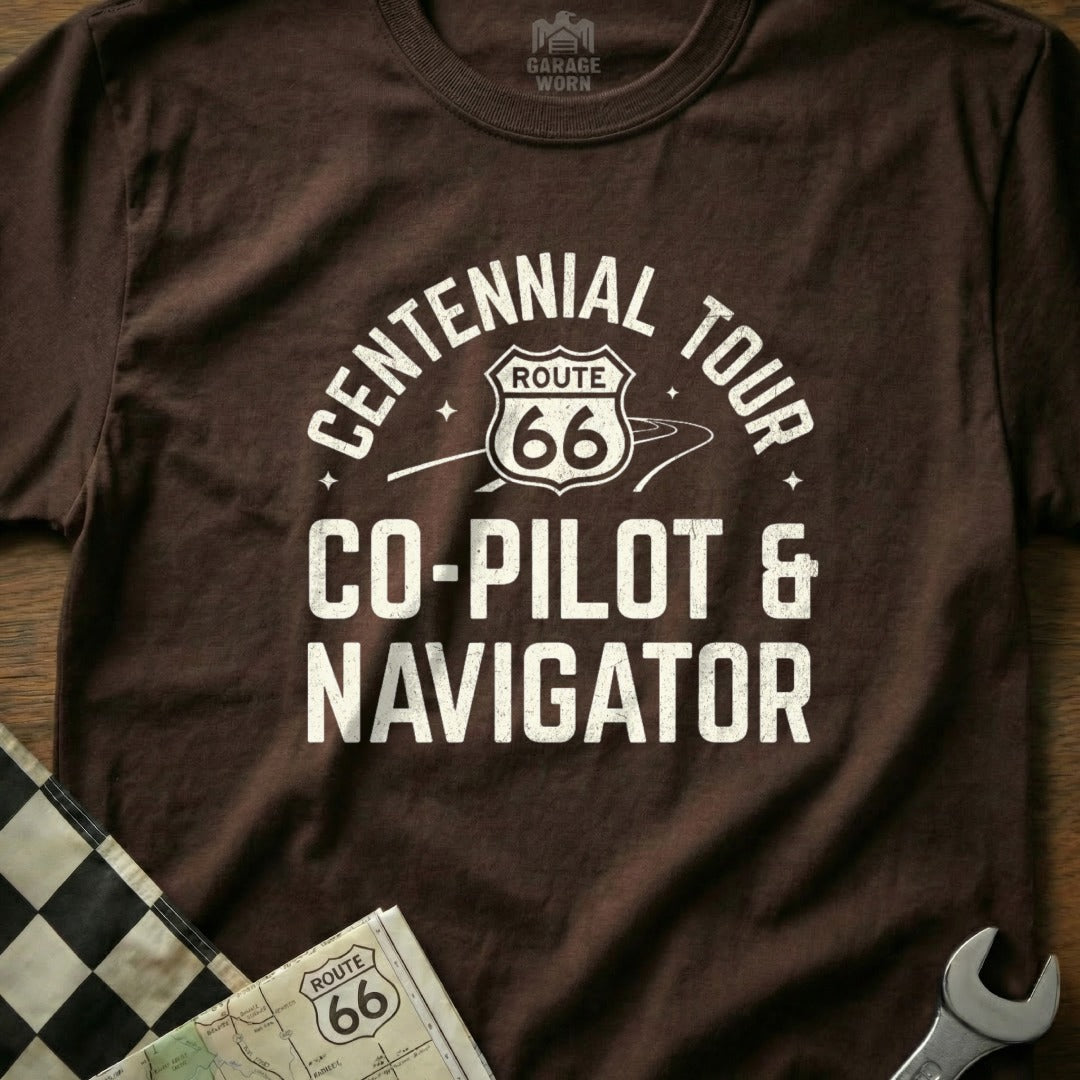 Brown t-shirt with "Centennial Tour Route 66 Co-Pilot & Navigator" text.