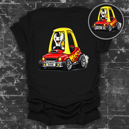 Almost Done Cartoon Kid in Toy Car T-Shirt