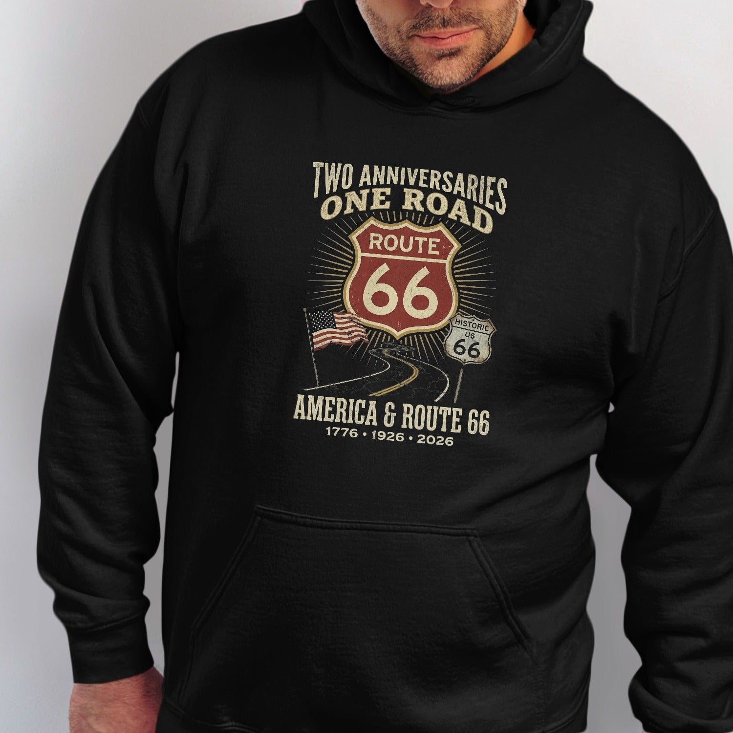 Black hoodie with Route 66 design, "Two Anniversaries One Road", and dates.
