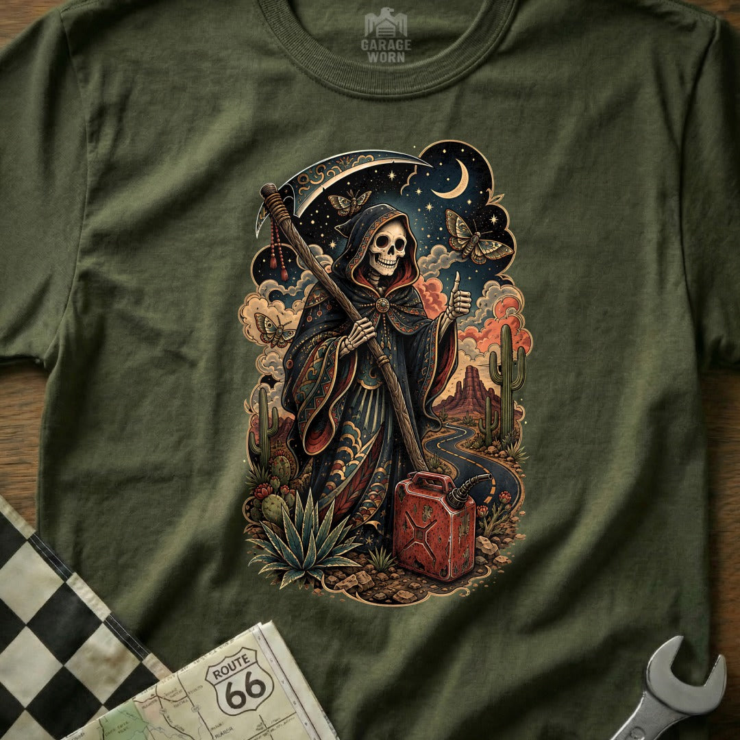 Grim Reaper with scythe giving thumbs up on Route 66 desert road.