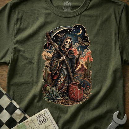 Grim Reaper with scythe giving thumbs up on Route 66 desert road.