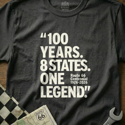Black t-shirt with "100 YEARS. 8 STATES. ONE LEGEND!" text.