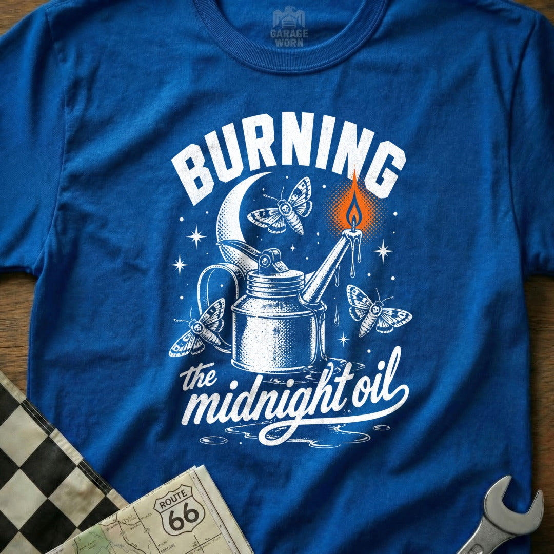 T-shirt with "Burning the midnight oil" text, oil can, moon, and moths.