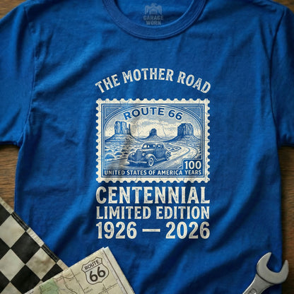 Blue t-shirt with Route 66 Centennial Limited Edition 1926-2026 design.
