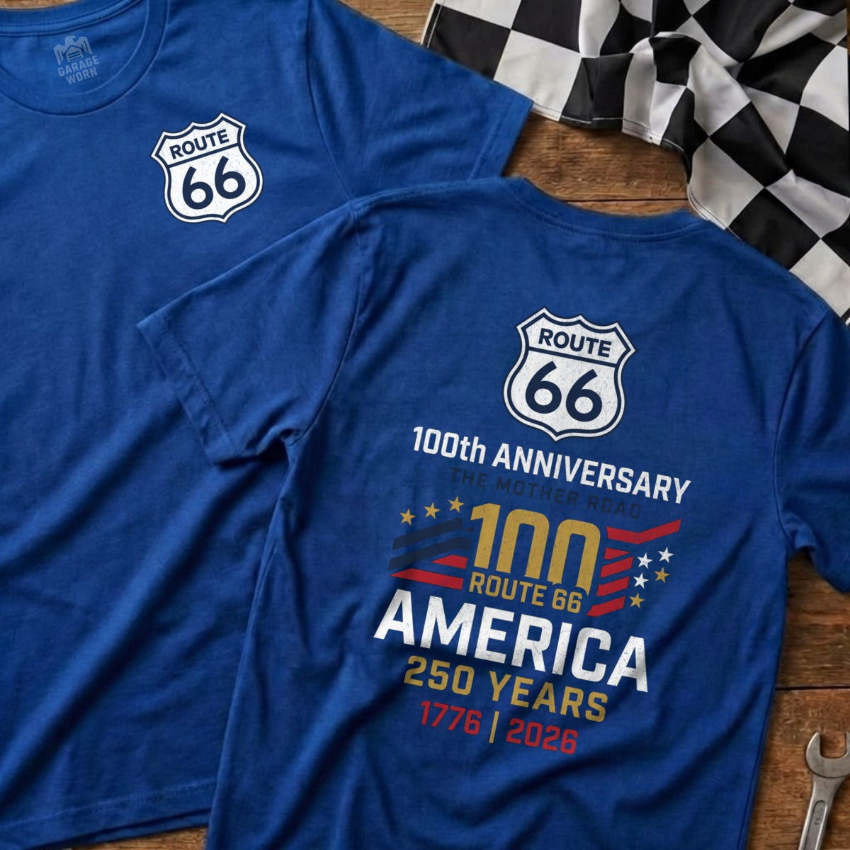 Blue t-shirts with Route 66 logo and 100th Anniversary America text.