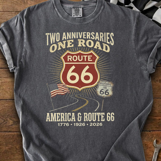 T-shirt graphic commemorating Route 66 with dates 1776, 1926, 2026.