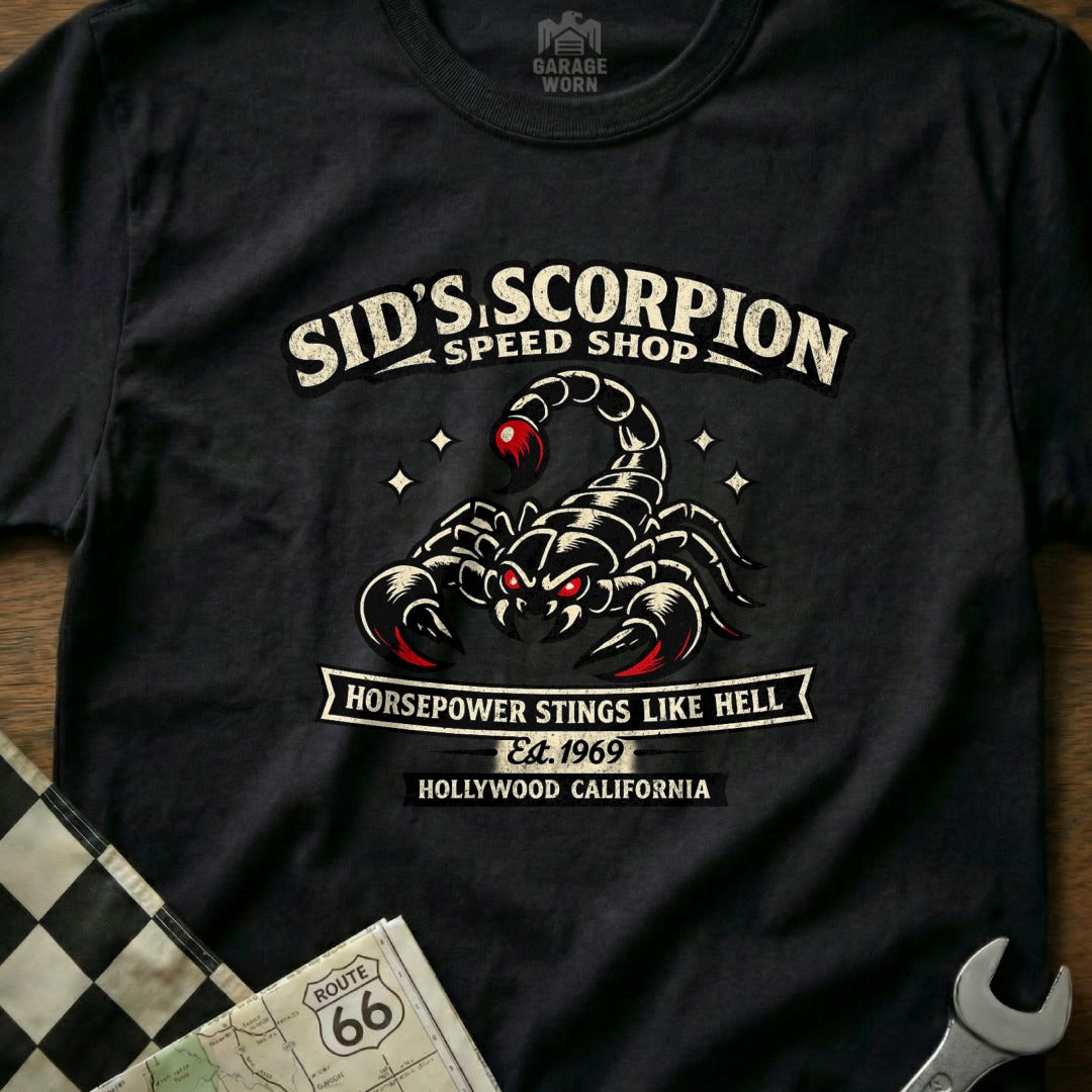 Sid's Scorpion Speed Shop Horsepower Stings Like Hell Shirt