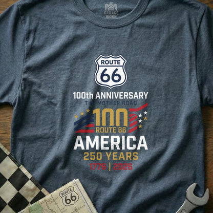 Route 66 100th Anniversary t-shirt with "100 AMERICA 250 YEARS" text.