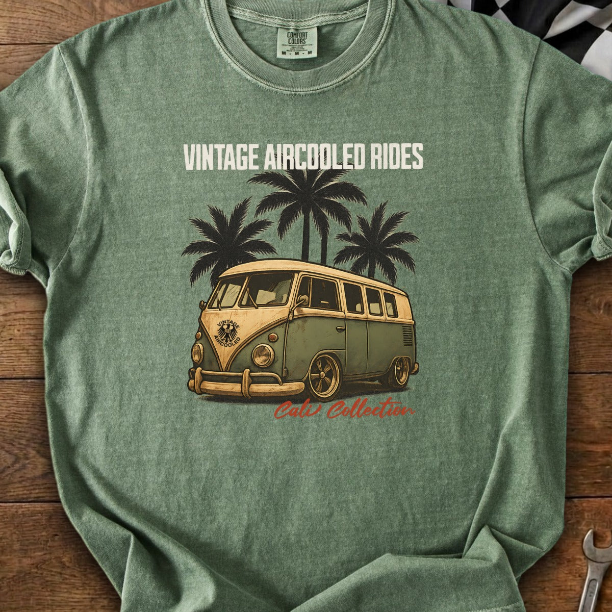 Green t-shirt with vintage van, palm trees, and text "Vintage Aircooled Rides Cali Collection".