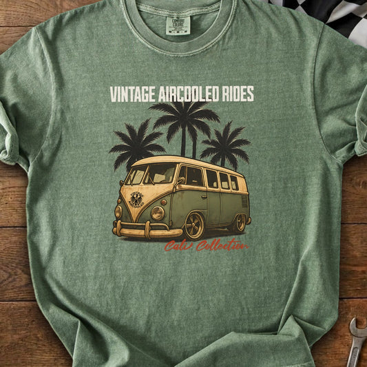 Green t-shirt with vintage van, palm trees, and text "Vintage Aircooled Rides Cali Collection".