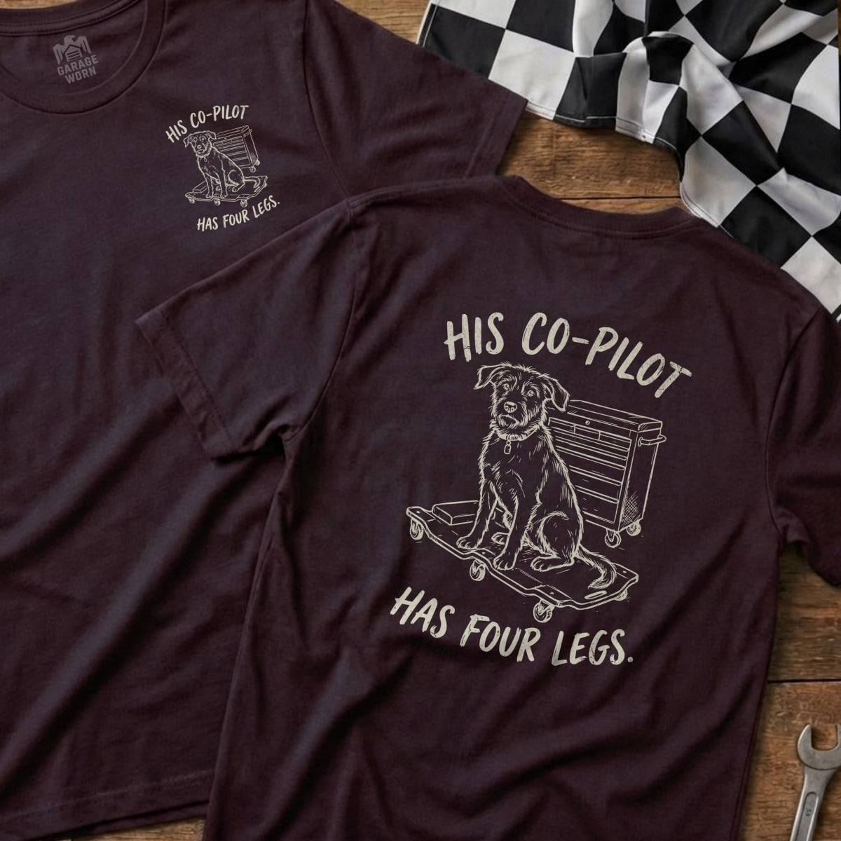 T-shirt with dog on skateboard graphic and "His Co-Pilot Has Four Legs" text.