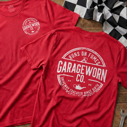 Red t-shirt with "Garage Worn Co. Runs on Fumes" logo.
