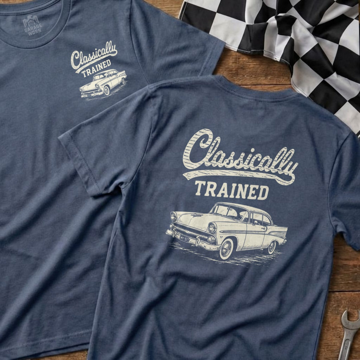 Blue t-shirt with "Classically Trained" and a classic car illustration.