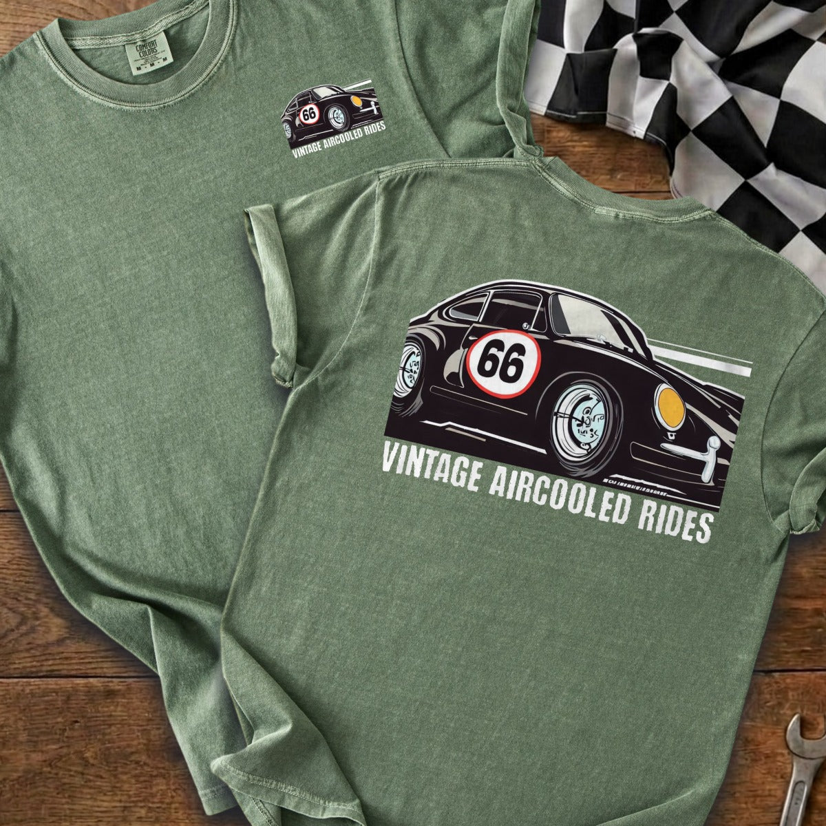 Green t-shirt with "Vintage Aircooled Rides" text and a black classic car with number 66.
