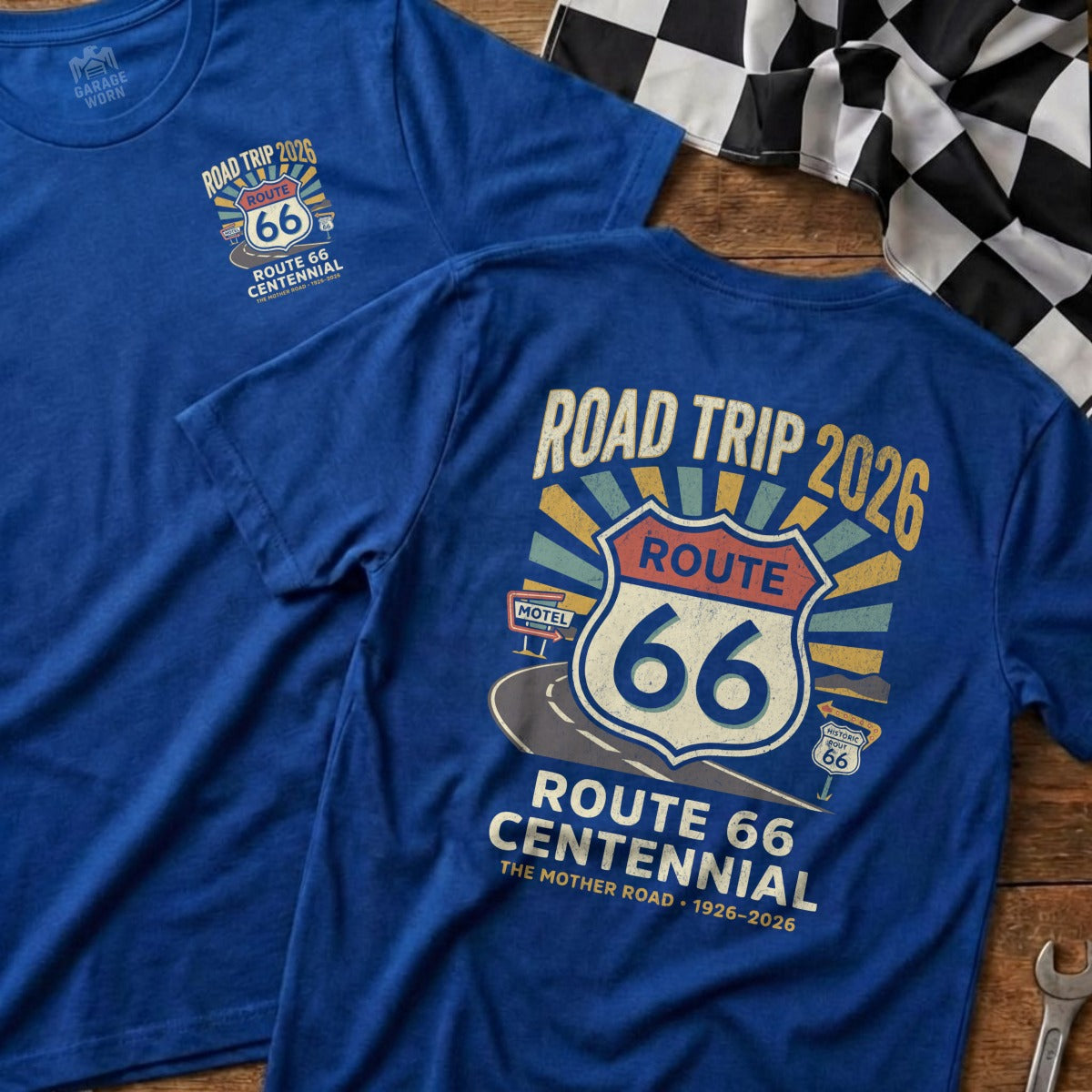 Blue t-shirt with Route 66 Centennial graphics on back.