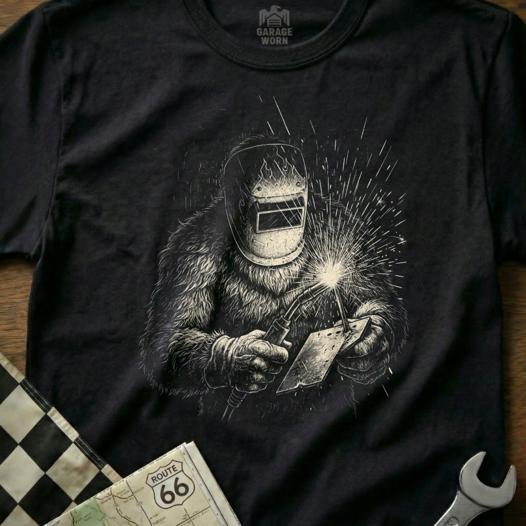 A Bigfoot welding a metal plate with sparks flying.