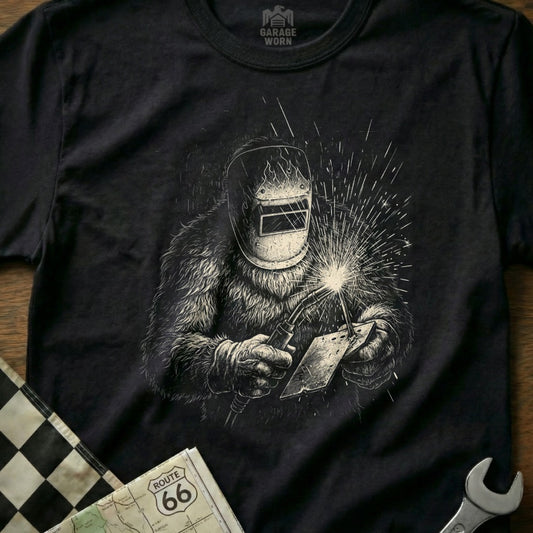 A Bigfoot welding a metal plate with sparks flying.