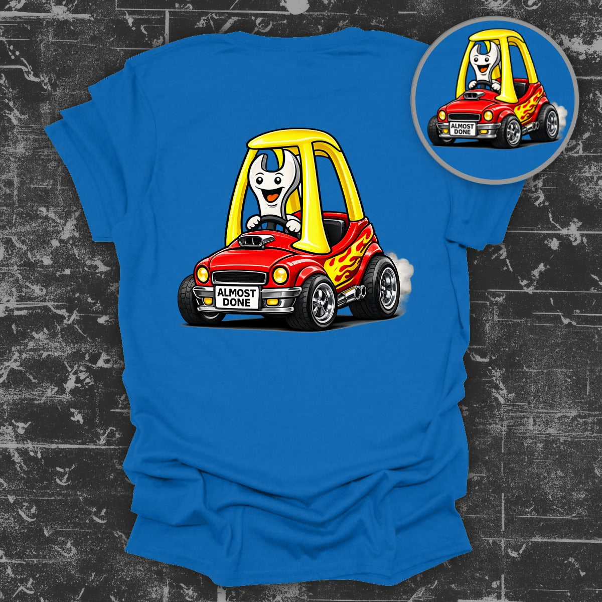 Almost Done Car Graphic Shirt with Blue Background