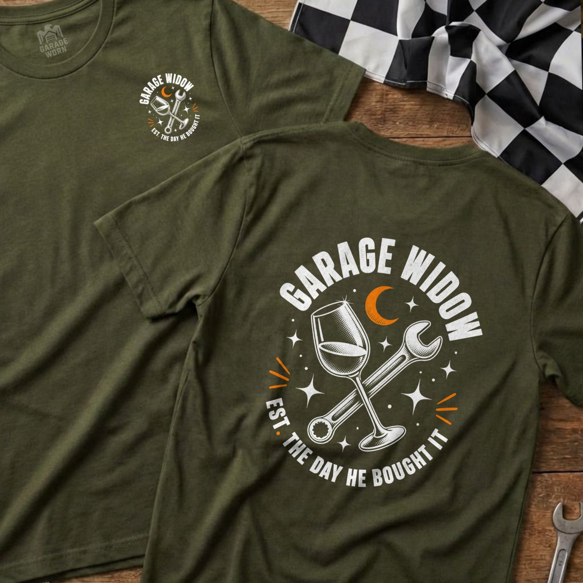 Olive green t-shirt with "Garage Widow" text and graphic of wine glass and wrench.