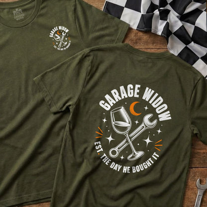Olive green t-shirt with "Garage Widow" text and graphic of wine glass and wrench.