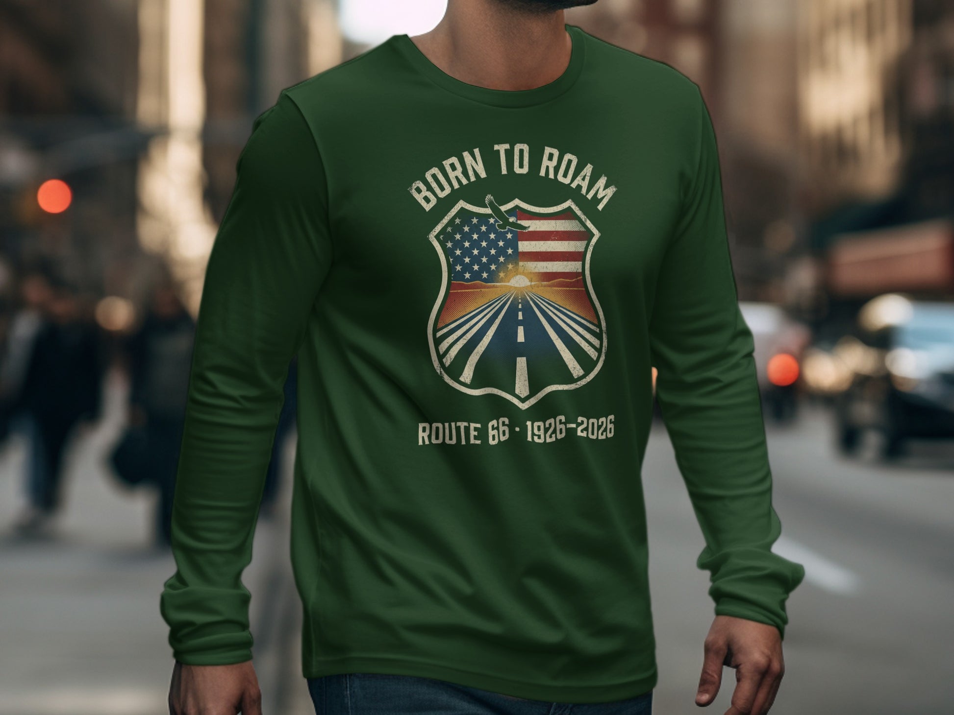 Green long-sleeve shirt with "Born to Roam Route 66" shield design.
