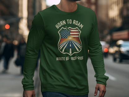 Green long-sleeve shirt with "Born to Roam Route 66" shield design.
