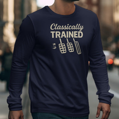 Navy long sleeve shirt with "Classically TRAINED" and three pedals graphic.