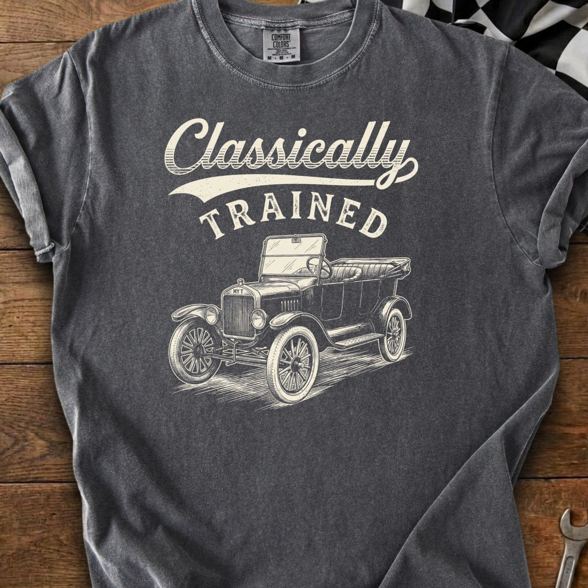 T-shirt with "Classically Trained" text and vintage car sketch.