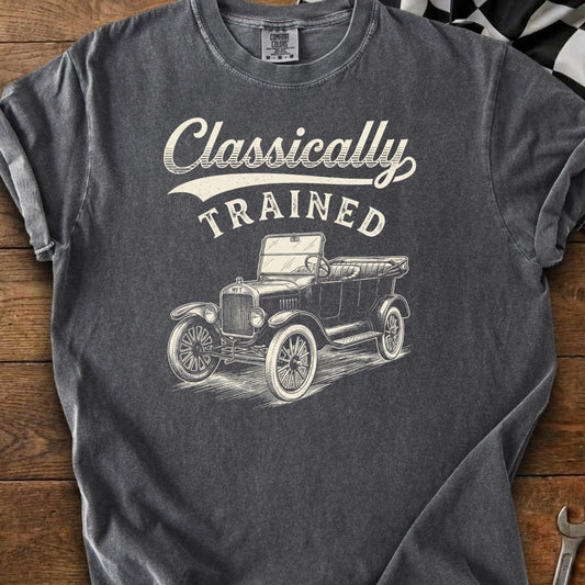T-shirt with "Classically Trained" text and vintage car sketch.