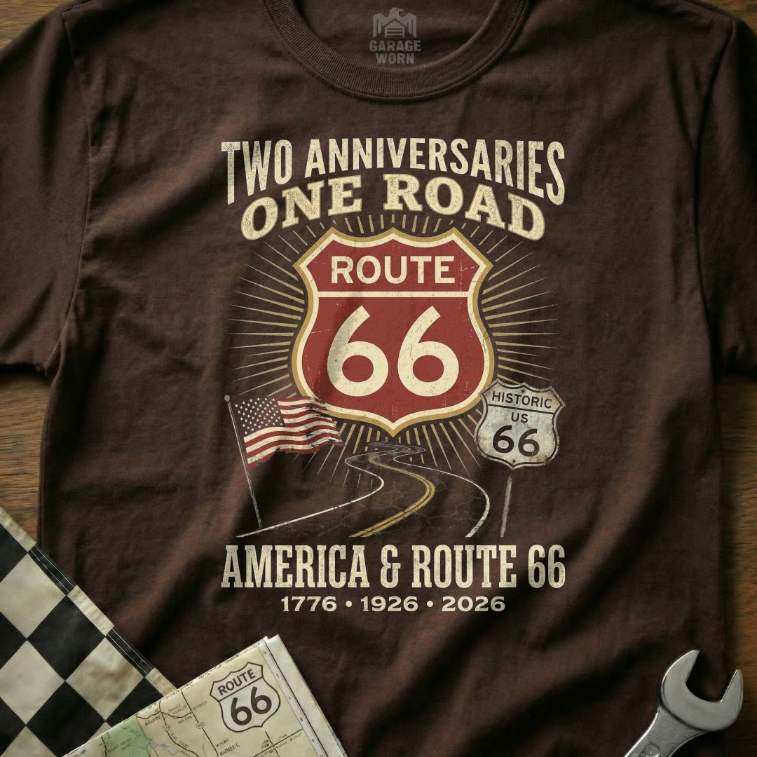 Brown t-shirt with Route 66 "Two Anniversaries" design, featuring dates 1776, 1926, 2026.