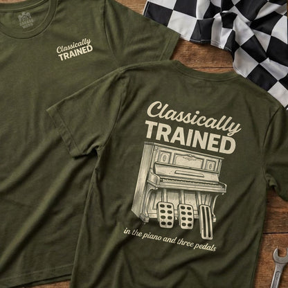 Olive green t-shirt with "Classically Trained" and piano image on back.