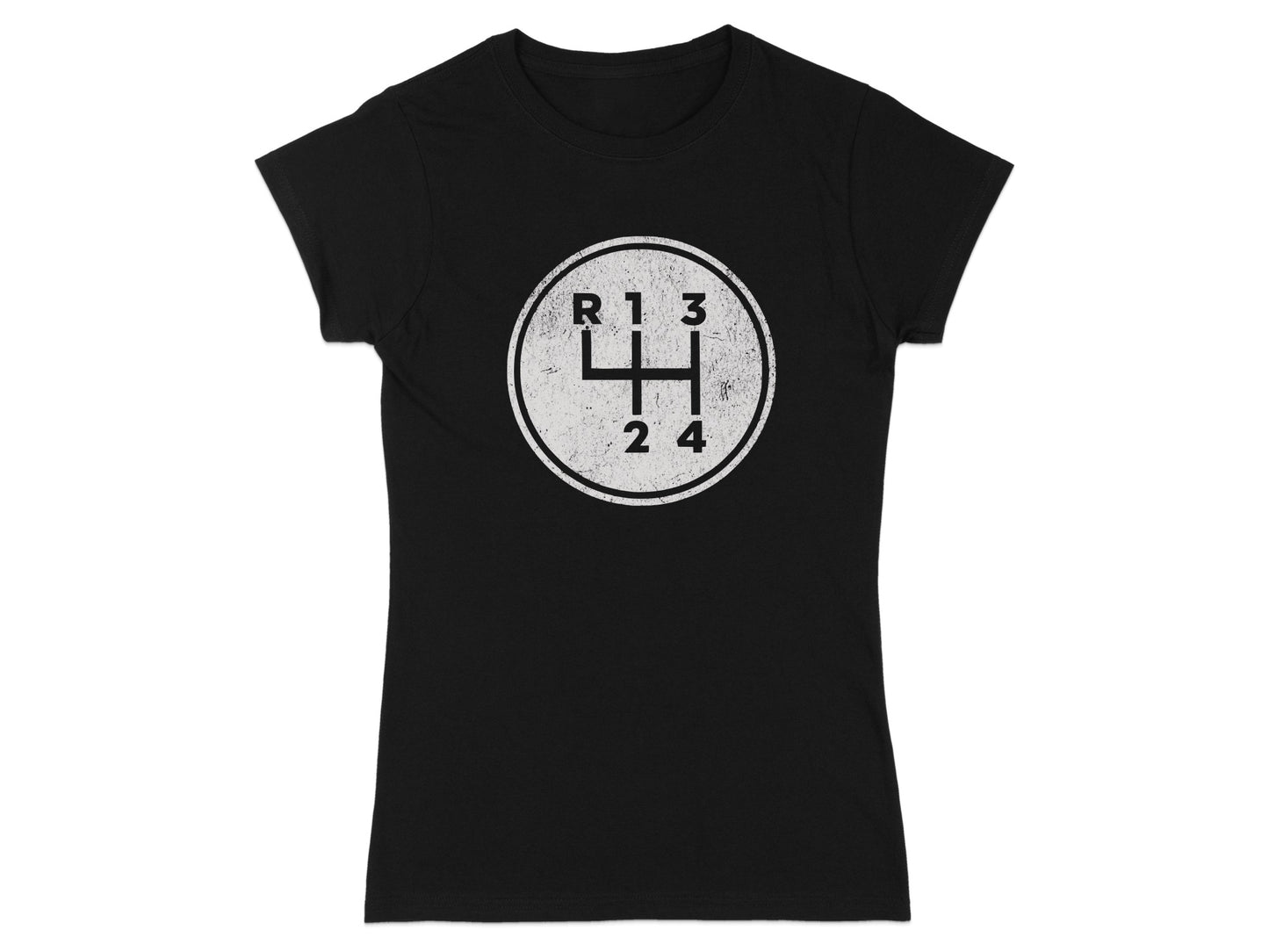 Black t-shirt with distressed manual gear shift pattern graphic.