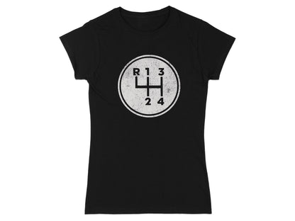 Black t-shirt with distressed manual gear shift pattern graphic.