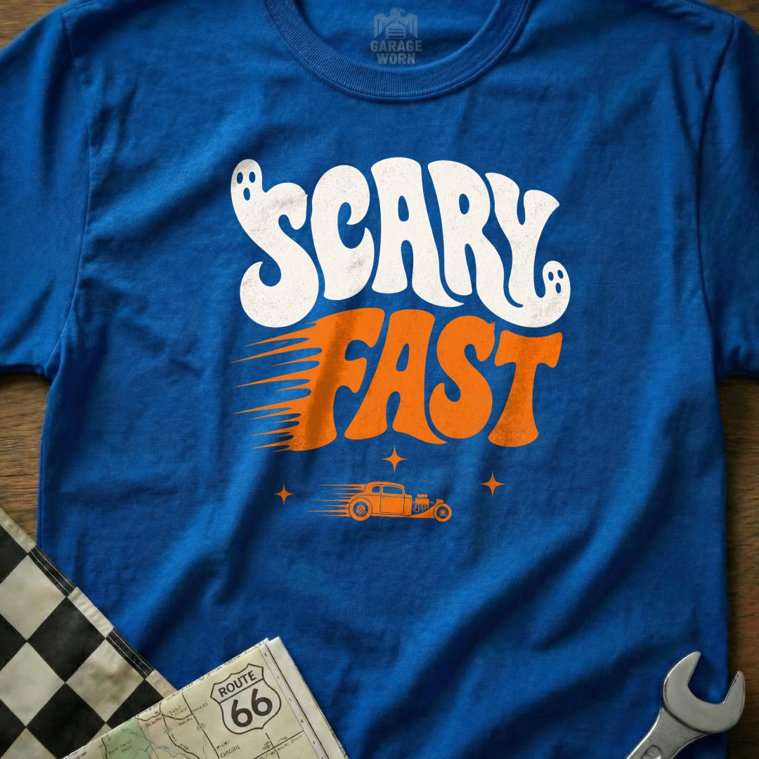 Blue t-shirt with "Scary Fast" text, ghosts, hot rod, and Route 66 map.