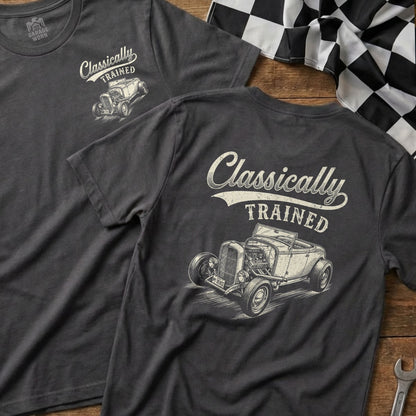 Dark grey t-shirt with "Classically TRAINED" and a hot rod car graphic.