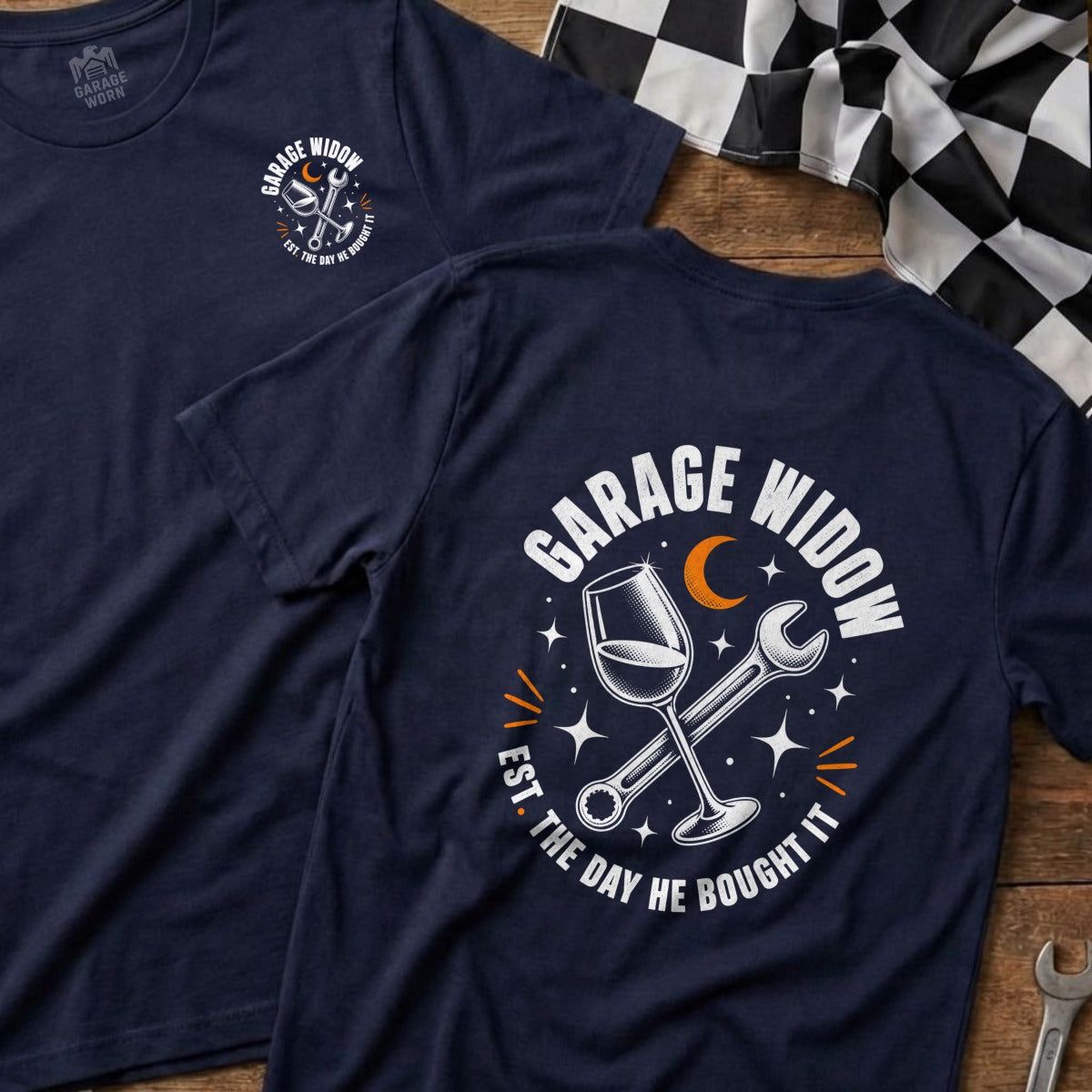 Navy t-shirt with "Garage Widow" graphic featuring wine glass and wrench.