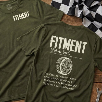 FITMENT t-shirt with dictionary definition and racing flag on wooden surface.
