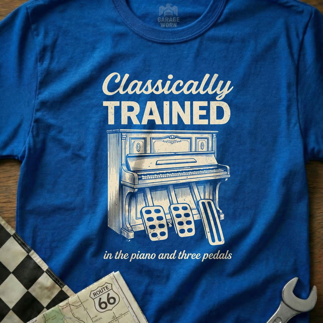 Blue t-shirt with "Classically Trained" and piano with three pedals graphic.