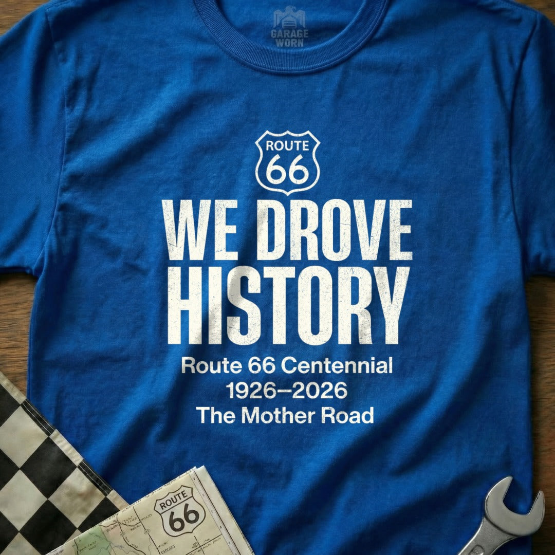 Blue t-shirt with "Route 66 WE DROVE HISTORY" and centennial details.
