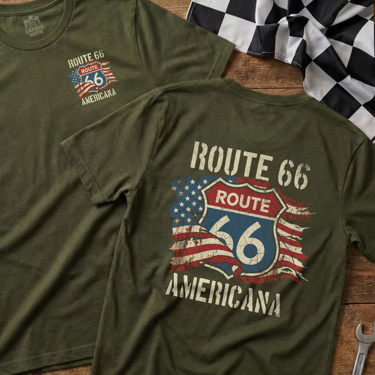 Green t-shirt with distressed Route 66 Americana logo featuring US flag.