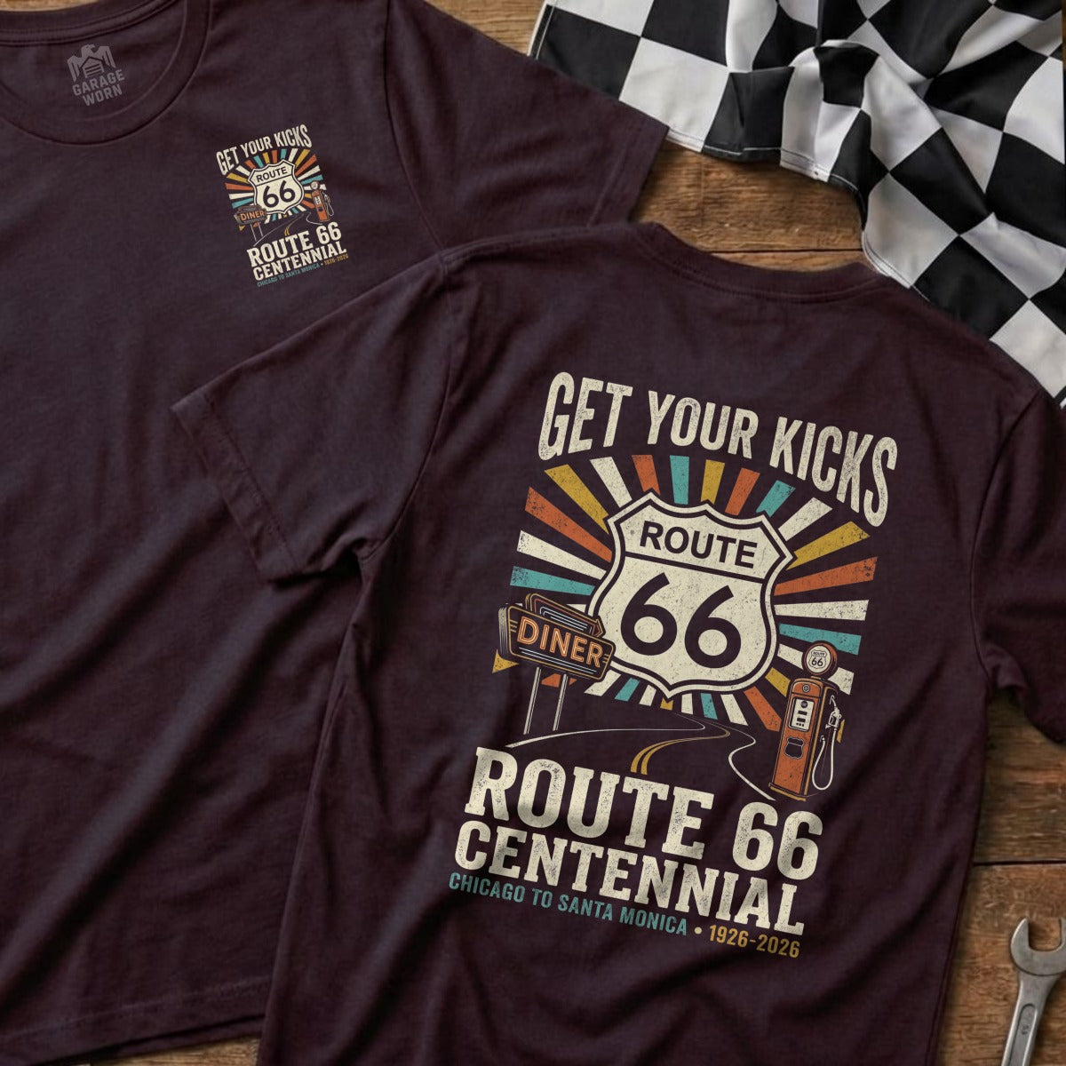 Route 66 Centennial "Get Your Kicks" graphic tee with diner and gas station.