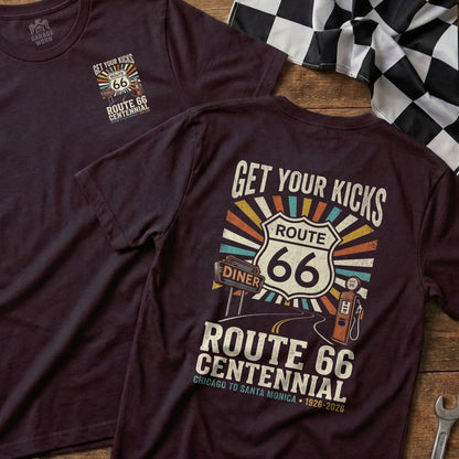 Route 66 Centennial "Get Your Kicks" graphic tee with diner and gas station.