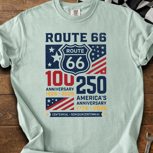 Route 66 100th and America's 250th anniversary graphic on a light blue t-shirt.