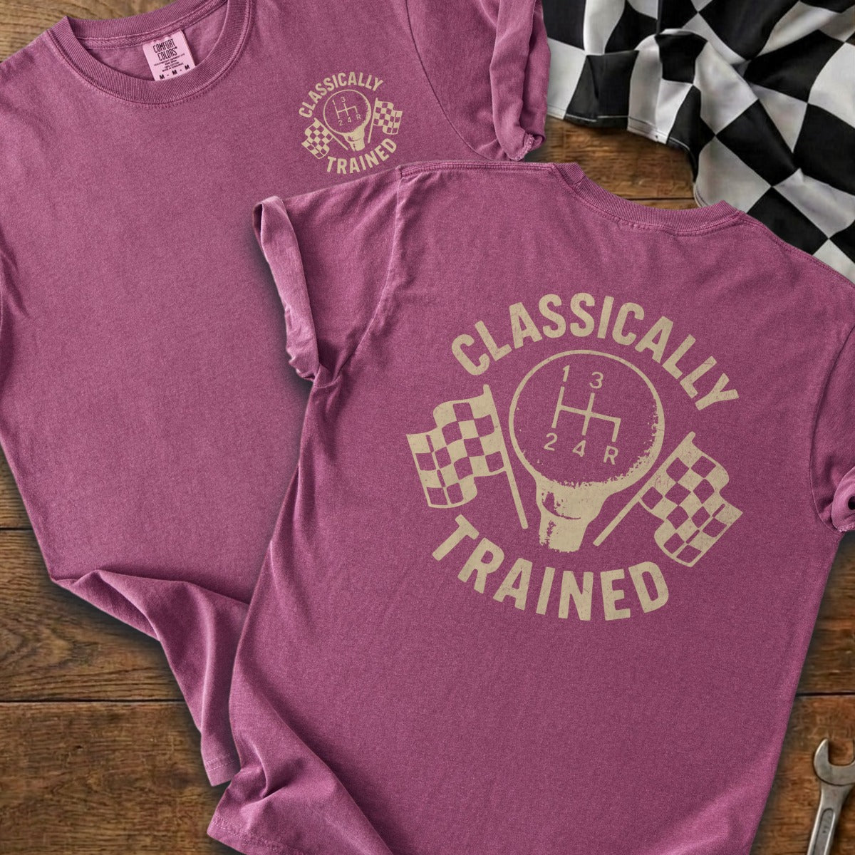 Maroon t-shirt with "Classically Trained" text and a gear shifter.