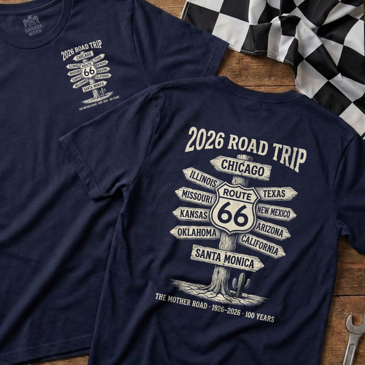 Navy t-shirts with Route 66 road sign graphic and "2026 Road Trip" text.