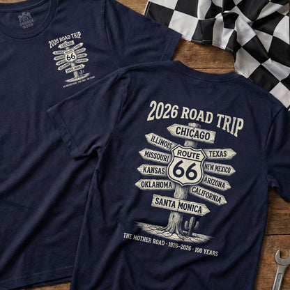 Navy t-shirts with Route 66 road sign graphic and "2026 Road Trip" text.