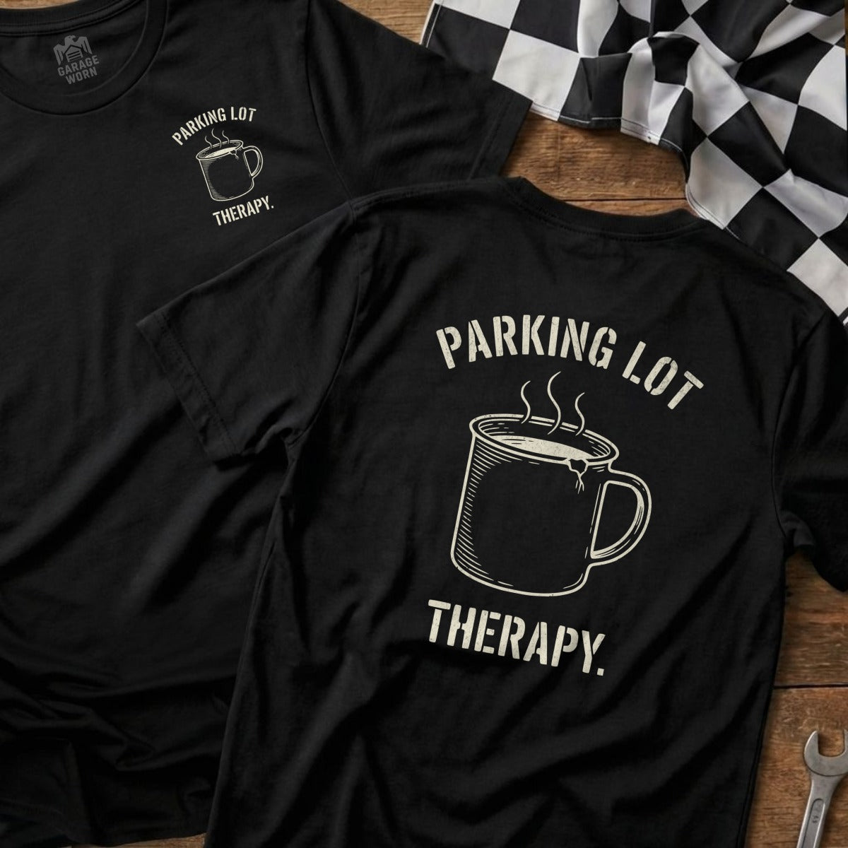 Black t-shirt with "PARKING LOT THERAPY" and coffee mug graphic.