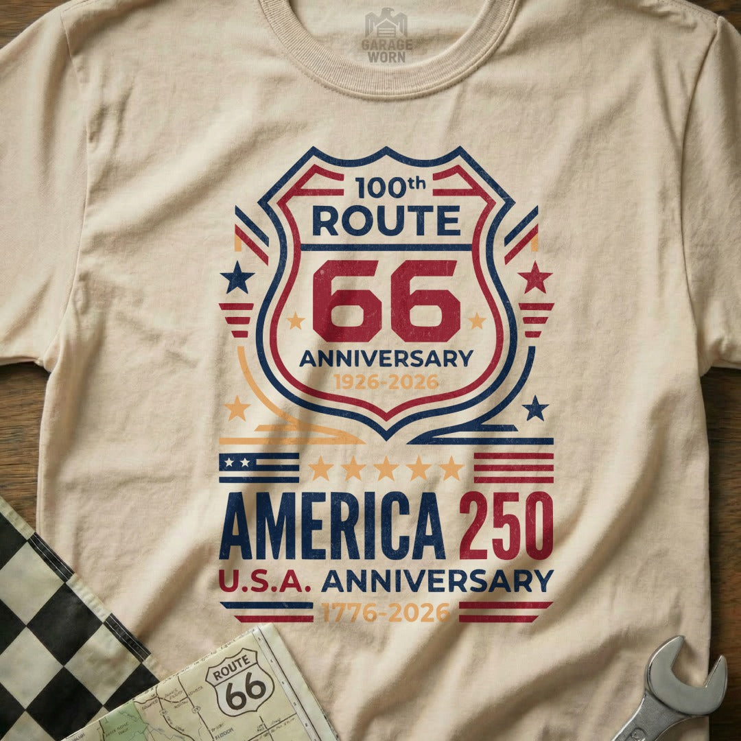 Route 66 and America 250 anniversary shield graphic on a cream t-shirt.