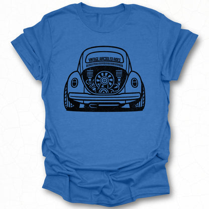 Retro Blue Graphic Tee with Vintage Car Print Design