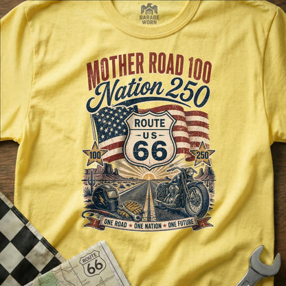 Yellow t-shirt with "Mother Road 100 Nation 250" and Route 66 graphic.